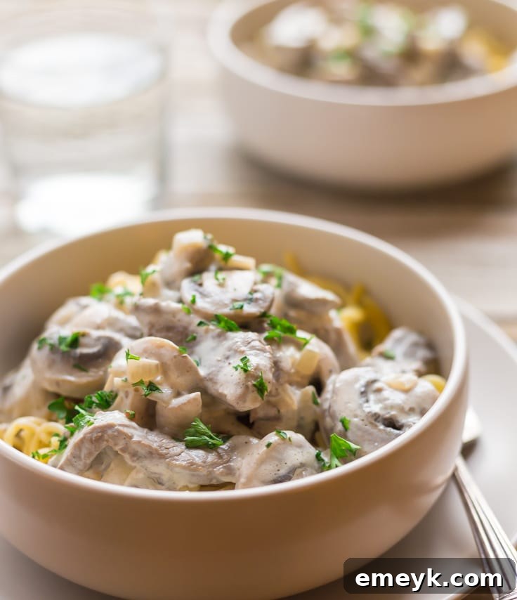 Easy Paleo Beef Stroganoff, a comforting and quick one-pan dinner idea