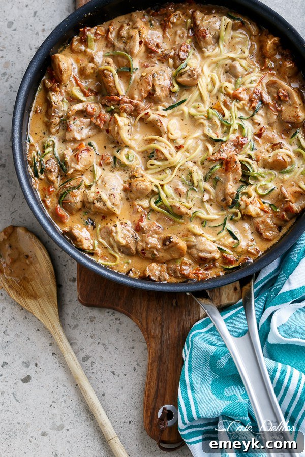 Creamy Sun-dried Tomato and Parmesan Chicken Zoodles, a healthy pasta alternative
