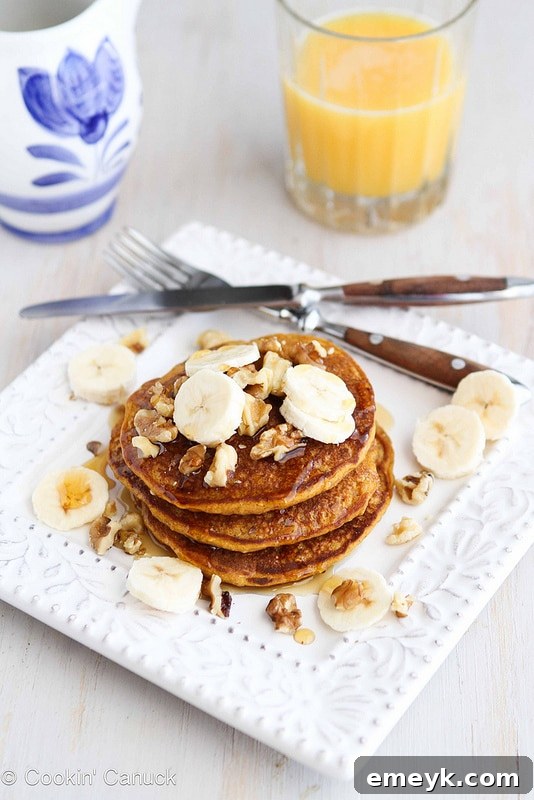 Whole Wheat Oat Gingerbread Pumpkin Pancakes, stacked