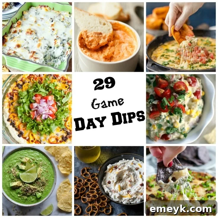 A vibrant collage of various game day dips, including cheesy, spicy, and fresh options, ready for football season snacking.