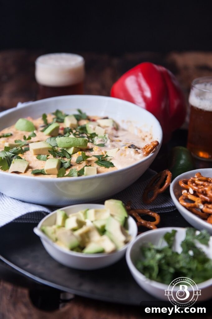 29 Unbeatable Game Day Dips 3 Rich and creamy Southwest Beer Cheese Dip, perfect for dipping pretzels or tortilla chips.