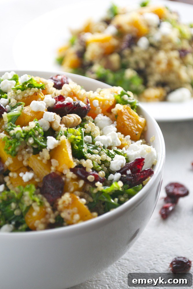 Butternut Squash Quinoa Salad with Kale, Cranberries, Walnuts, and Goat Cheese