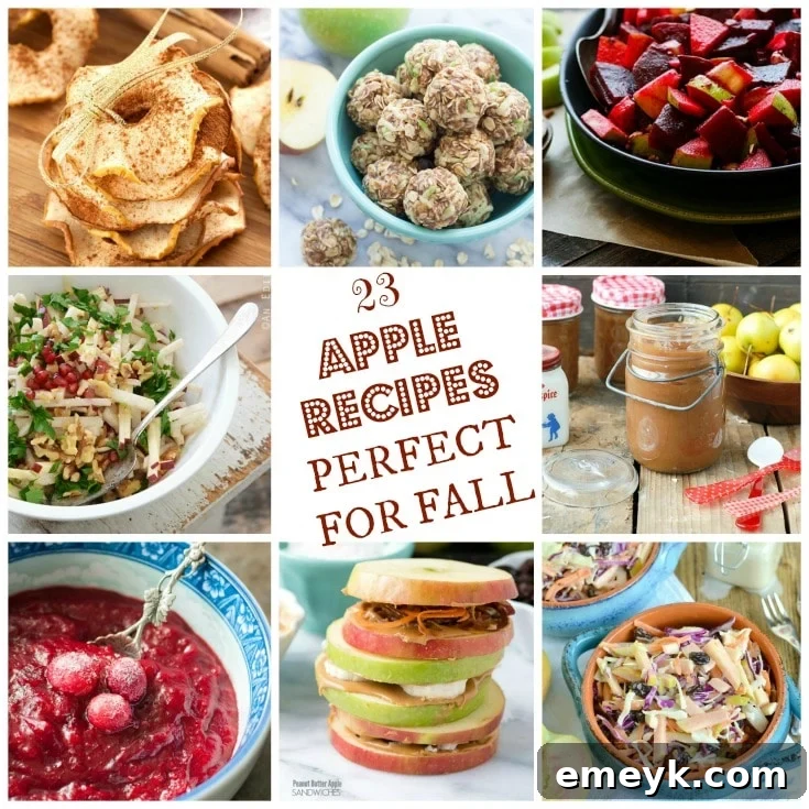 A vibrant collage showcasing various apple dishes, including pies, muffins, chips, and salads, set against a rustic fall background.