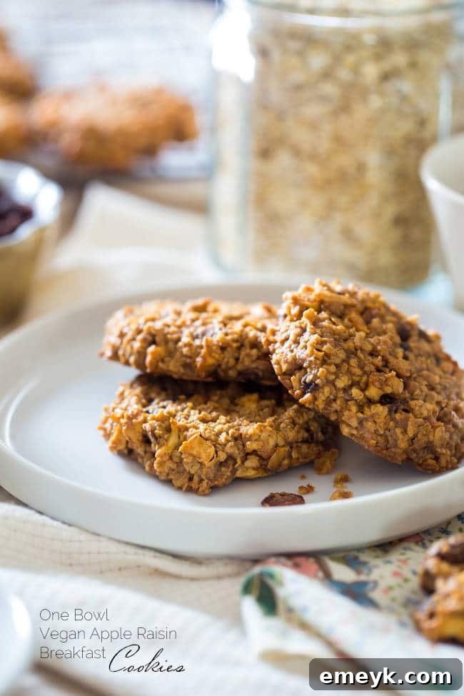 Round, wholesome apple raisin breakfast cookies on a cooling rack, showing their chewy texture.