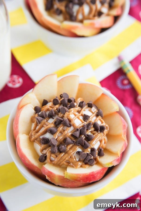 Delicious Peanut Butter Chocolate Chip Cheesecake Apple Nachos, featuring apple slices loaded with toppings.