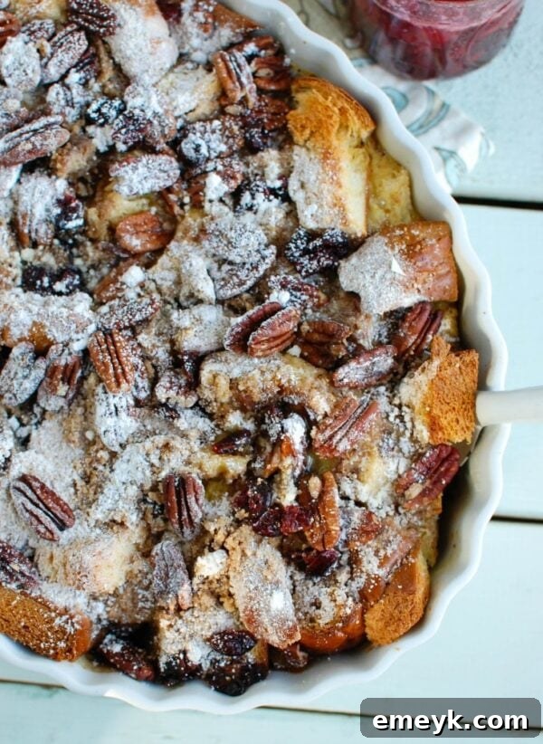 Prepared Eggnog French Toast Bake with streusel topping before baking, ready for the oven.