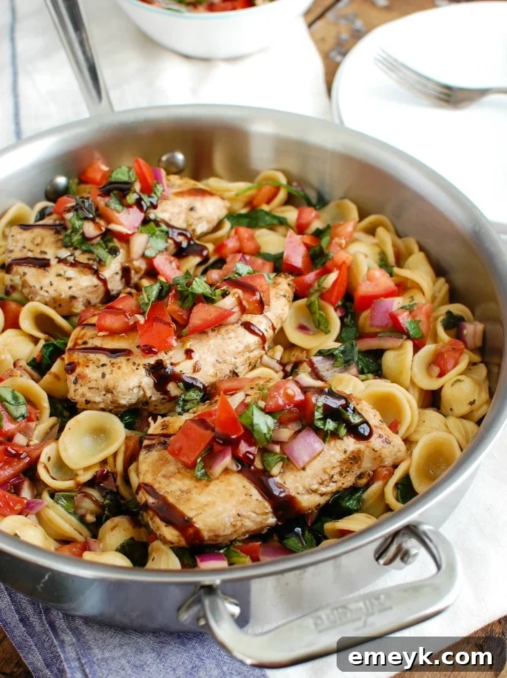 Bruschetta Chicken Orecchiette Pasta is a light and healthy dish, perfect for spring or summer. Boneless skinless chicken breasts are coated with a balsamic vinegar sauce and cooked in a skillet, topped with a fresh bruschetta mixture and paired with orecchiette pasta.