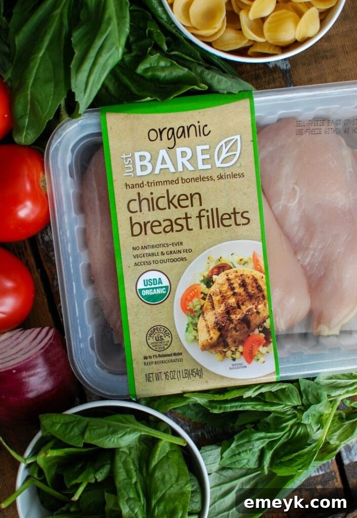 Bruschetta Chicken Orecchiette Pasta is a light and healthy dish, perfect for spring or summer. Boneless skinless chicken breasts are coated with a balsamic vinegar sauce and cooked in a skillet, topped with a fresh bruschetta mixture and paired with orecchiette pasta.
