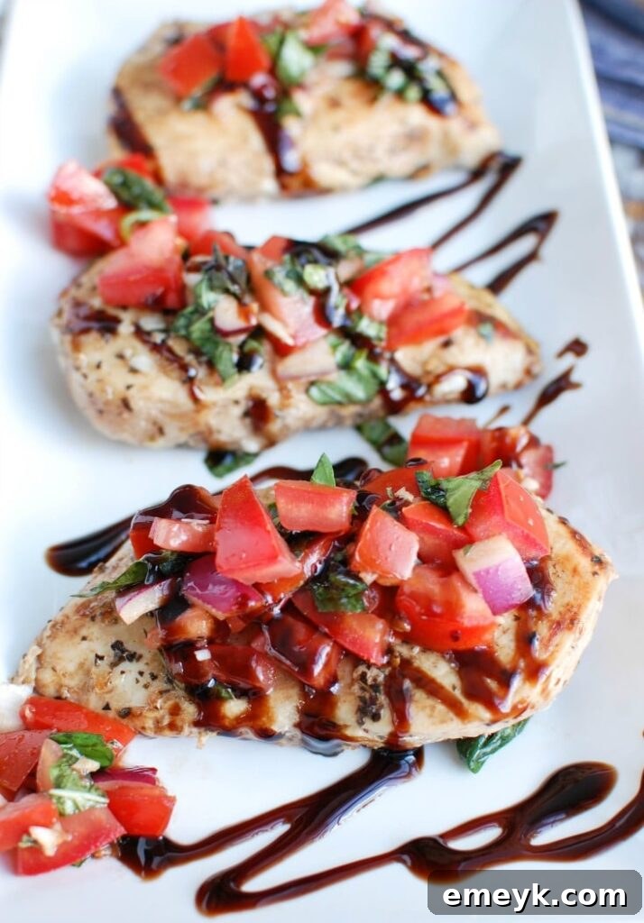 Bruschetta Chicken Orecchiette Pasta is a light and healthy dish, perfect for spring or summer. Boneless skinless chicken breasts are coated with a balsamic vinegar sauce and cooked in a skillet, topped with a fresh bruschetta mixture and paired with orecchiette pasta.