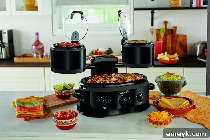 The Crock-Pot Swing and Serve slow cooker with three separate crocks, ideal for preparing multiple dishes simultaneously.