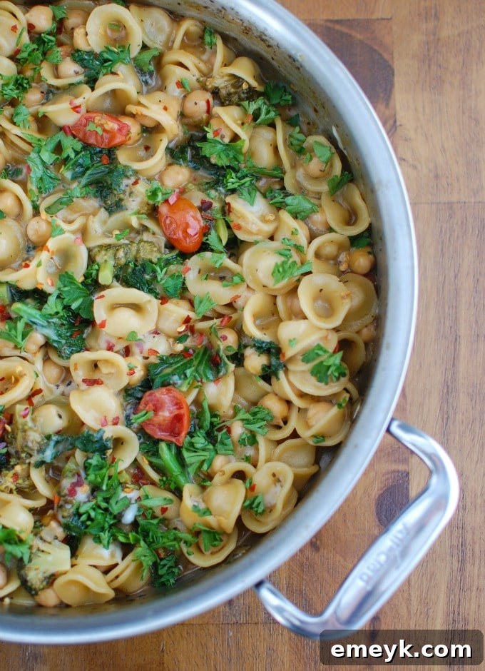A vibrant and protein-packed One Pot Kale Broccoli Chickpea Orecchiette Pasta, offering a healthy and convenient vegetarian dinner for the whole family.