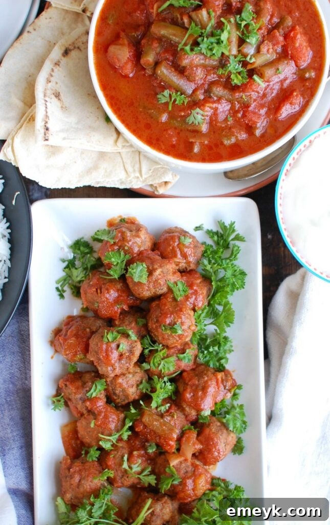 Slow Cooker Mediterranean Beef Meatballs with Lebanese Green Beans, served with a side of rice.