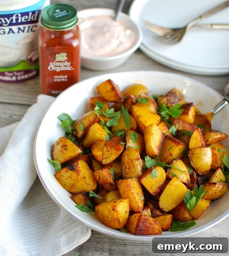 Smoky Paprika Roasted Potatoes with Zesty Yogurt Dip 3 My favorite thing about these potatoes is the smoked paprika. I love the smoky flavor that roasting the potatoes brings out. Once you roast these potatoes and they are nice and crispy I like to sprinkle some fresh parsley on top and serve them warm with the dipping sauce. These are always a huge hit with guests and my family goes crazy for them.