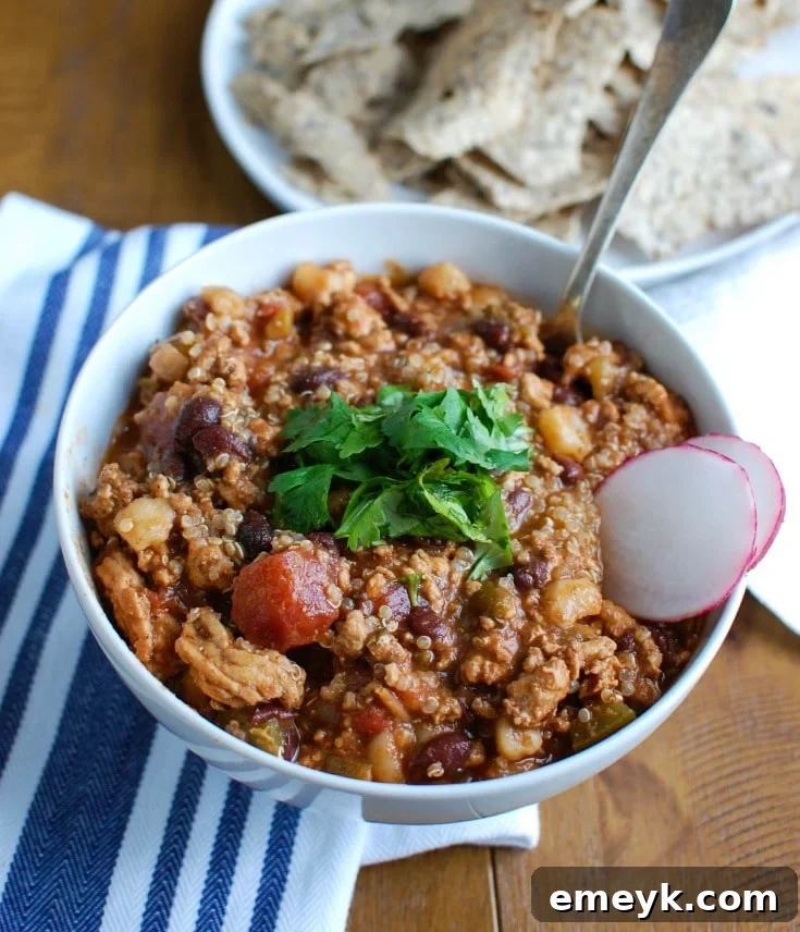 Nourishing Slow Cooker Turkey Quinoa Chili 2 Hearty Slow Cooker Turkey Quinoa Chili, healthy and cooks all day in your crockpot, perfect for dinner or watching football.