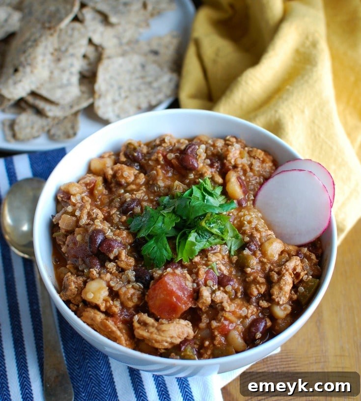 Nourishing Slow Cooker Turkey Quinoa Chili 4 Delicious Slow Cooker Turkey Quinoa Chili, ready for a comforting dinner or game day feast.
