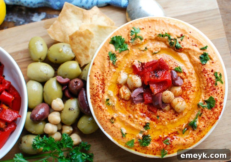 Various colorful variations of hummus, including Roasted Red Pepper Greek Yogurt Hummus, are shown on a platter, offering inspiration for different flavors and uses.
