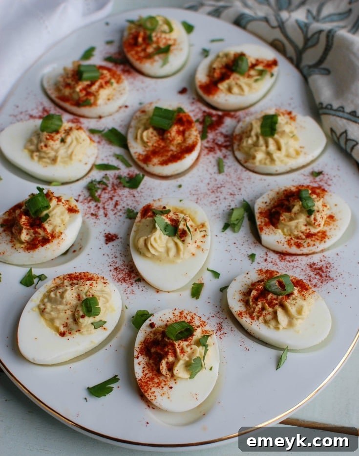 Fiesta Deviled Eggs with Greek Yogurt 2 Southwestern Greek Yogurt Deviled Eggs are a healthy take on classic deviled eggs with a Southwestern twist. These deviled eggs use plain whole milk Greek yogurt in place of traditional mayonnaise for a healthy swap. Deviled eggs make a nice appetizer or finger food at a party, but also a great dish to bring to a summer pot-luck.