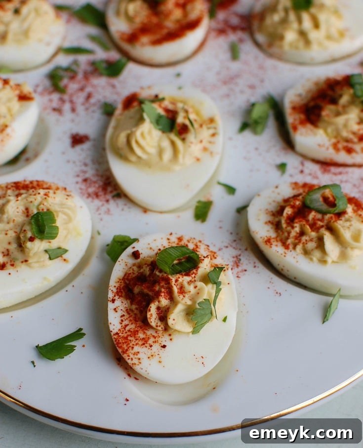 Fiesta Deviled Eggs with Greek Yogurt 3 Southwestern Greek Yogurt Deviled Eggs are a healthy take on classic deviled eggs with a Southwestern twist. These deviled eggs use plain whole milk Greek yogurt in place of traditional mayonnaise for a healthy swap. Deviled eggs make a nice appetizer or finger food at a party, but also a great dish to bring to a summer pot-luck.