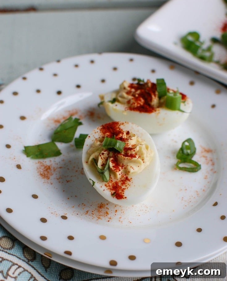 Fiesta Deviled Eggs with Greek Yogurt 4 Southwestern Greek Yogurt Deviled Eggs are a healthy take on classic deviled eggs with a Southwestern twist. These deviled eggs use plain whole milk Greek yogurt in place of traditional mayonnaise for a healthy swap. Deviled eggs make a nice appetizer or finger food at a party, but also a great dish to bring to a summer pot-luck.