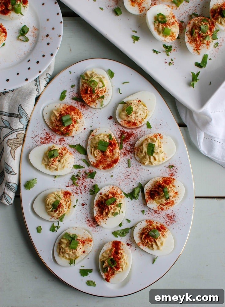 Fiesta Deviled Eggs with Greek Yogurt 5 Southwestern Greek Yogurt Deviled Eggs are a healthy take on classic deviled eggs with a Southwestern twist. These deviled eggs use plain whole milk Greek yogurt in place of traditional mayonnaise for a healthy swap. Deviled eggs make a nice appetizer or finger food at a party, but also a great dish to bring to a summer pot-luck.