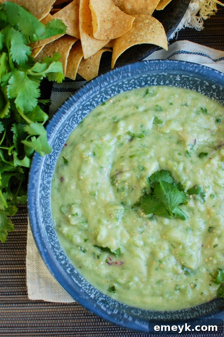 Avocado Tomatillo Salsa in a bowl, side view.