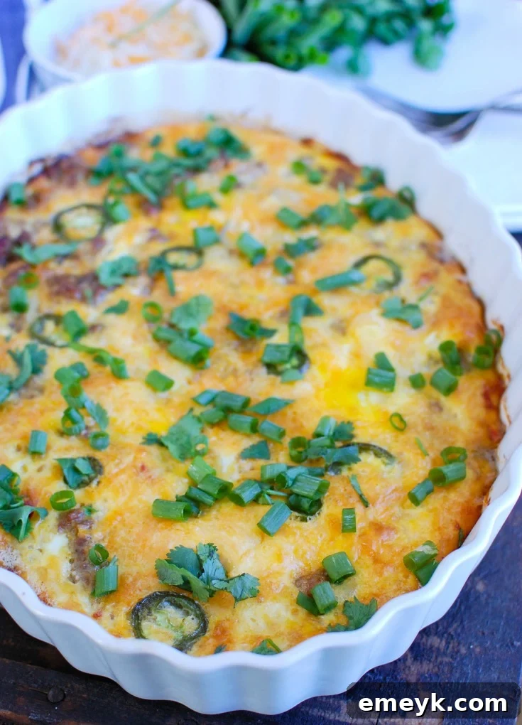 Southwestern Baked Breakfast Casserole in white dish