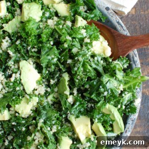 Final plated Avocado Kale Quinoa Salad, showcasing its vibrant colors and inviting texture, ready to be enjoyed as a healthy meal.