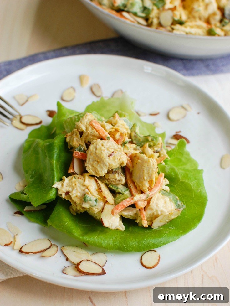 Close-up of fresh ingredients for Simple Curry Chicken Salad: shredded chicken, Greek yogurt, curry powder, golden raisins, and chopped vegetables.