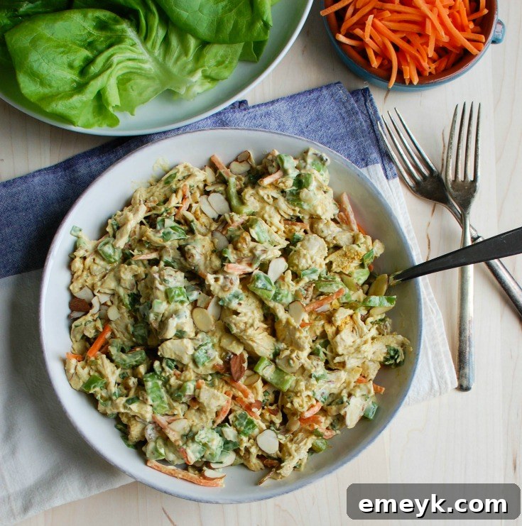 Curry Chicken Salad with various toppings like almonds, cranberries, and fresh herbs in serving dishes.