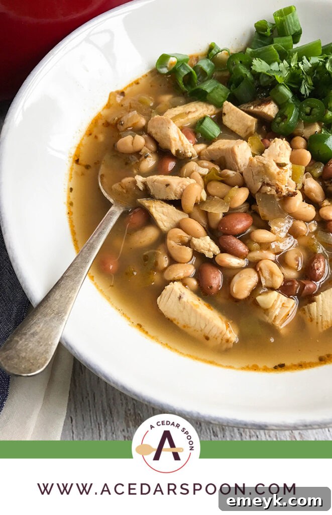 A steaming bowl of Green Chicken Chili, garnished with fresh cilantro and cheese, suggesting a light yet satisfying meal.