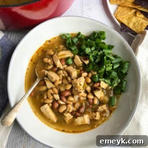 Green Chicken Chili, a lighter chili recipe for warmer months, packed with protein.