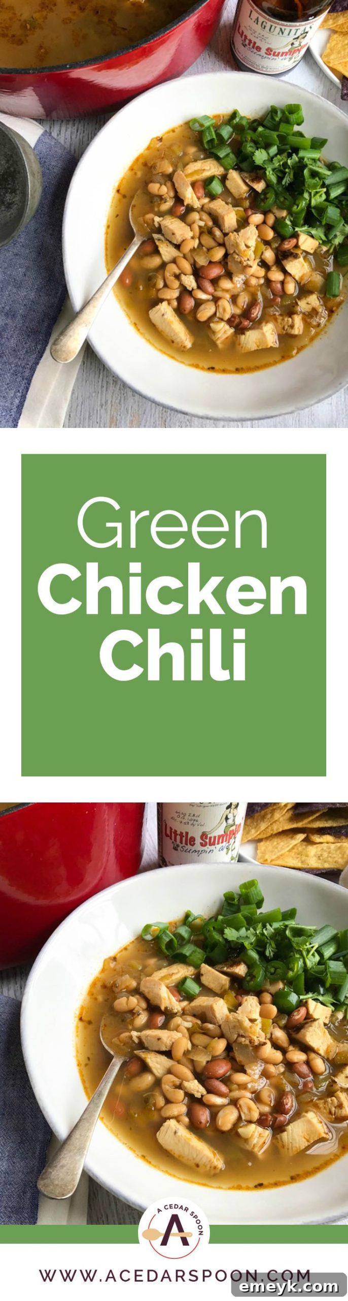 A top-down view of a large pot of Green Chicken Chili simmering, ready to be served.