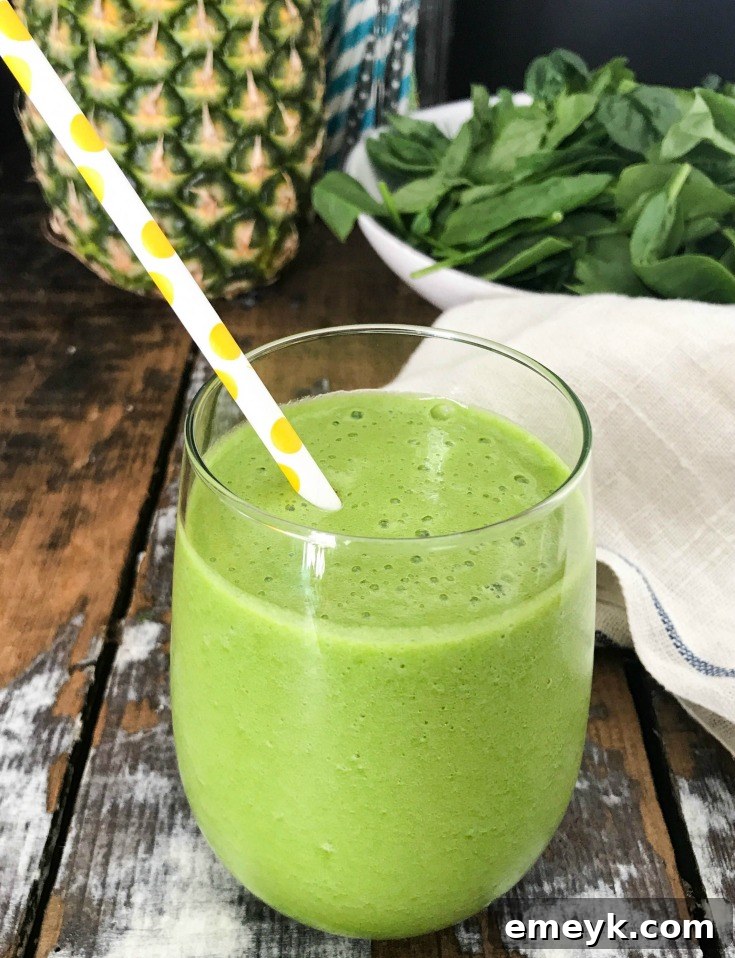 Island Green Glow Smoothie 4 This Tropical Green Smoothie is the perfect summer smoothie mixing a granny smith apple, fresh spinach, mint and frozen pineapple. You will get a good dose of your fruits and vegetables, while feeling refreshed on a hot summer day.