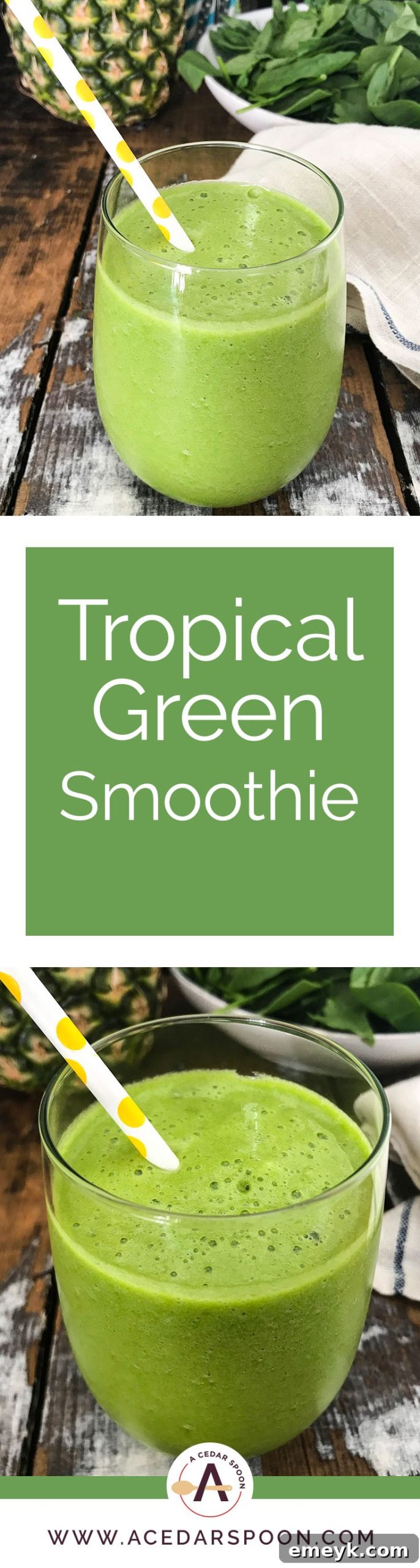 Island Green Glow Smoothie 5 This Tropical Green Smoothie is the perfect summer smoothie mixing a granny smith apple, fresh spinach, mint and frozen pineapple. You will get a good dose of your fruits and vegetables, while feeling refreshed on a hot summer day.