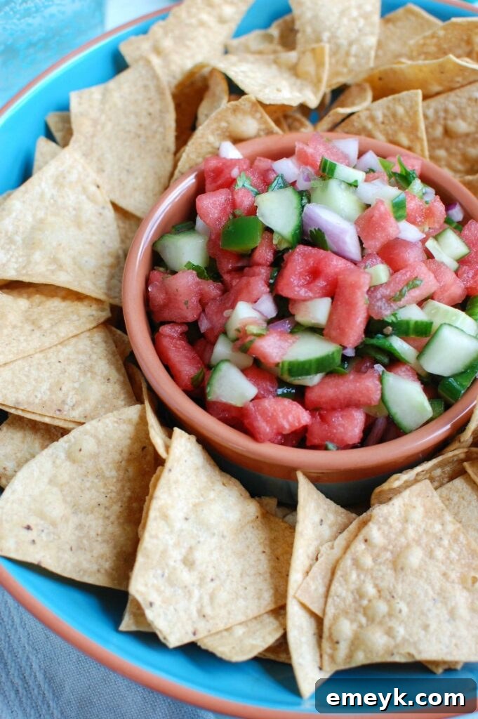 Refreshing Cucumber Salsa 3 Fresh diced watermelon, cucumber, red onion, and cilantro in a bowl, ready for mixing into salsa.