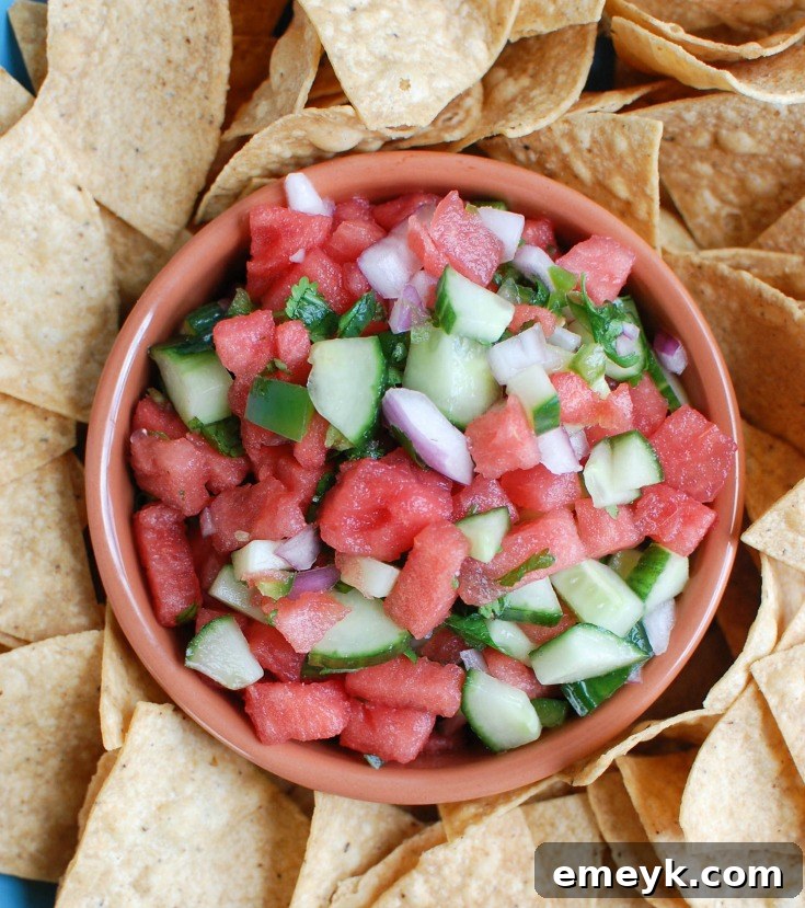 Refreshing Cucumber Salsa 4 Freshly mixed Watermelon Cucumber Salsa in a bowl, ready to serve with tortilla chips.
