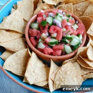 Refreshing Cucumber Salsa 5 Fresh and vibrant Watermelon Cucumber Salsa in a recipe card thumbnail.