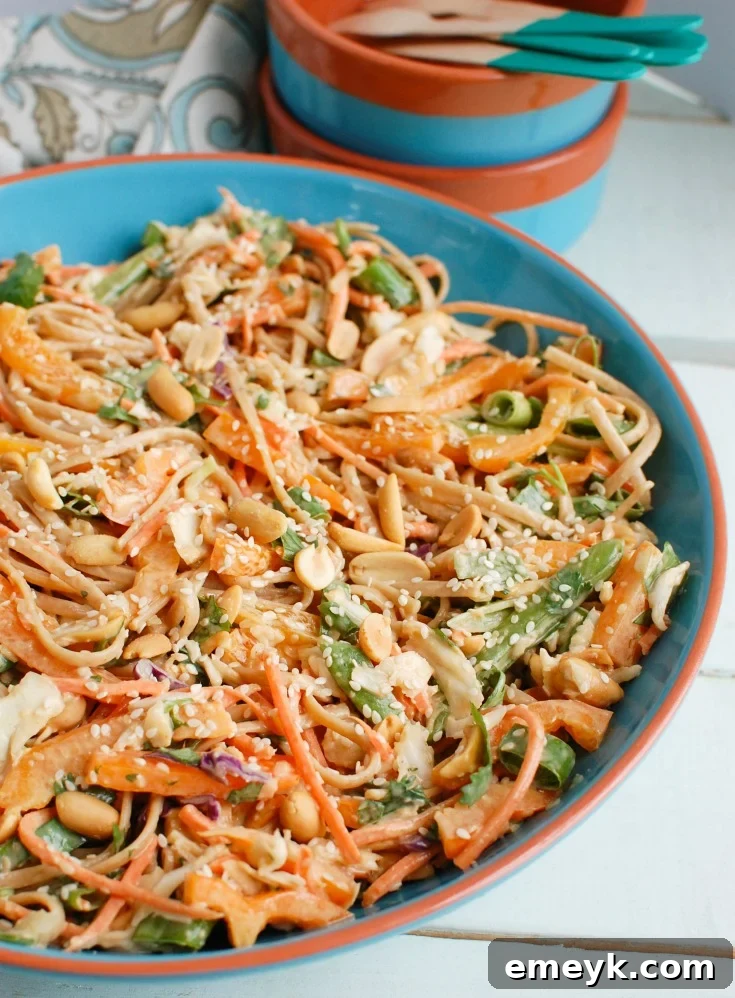 A beautifully arranged Asian Vegetable Noodle Salad with vibrant colors, topped with peanuts and fresh herbs, in a bowl.