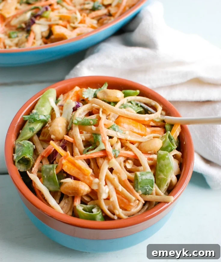 A close-up of the Asian Vegetable Noodle Salad, showing the texture of the linguine and finely chopped vegetables.