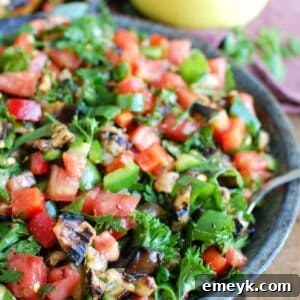 Mediterranean Eggplant Salad, a fresh and healthy dish with grilled eggplant, colorful vegetables, and a zesty dressing.