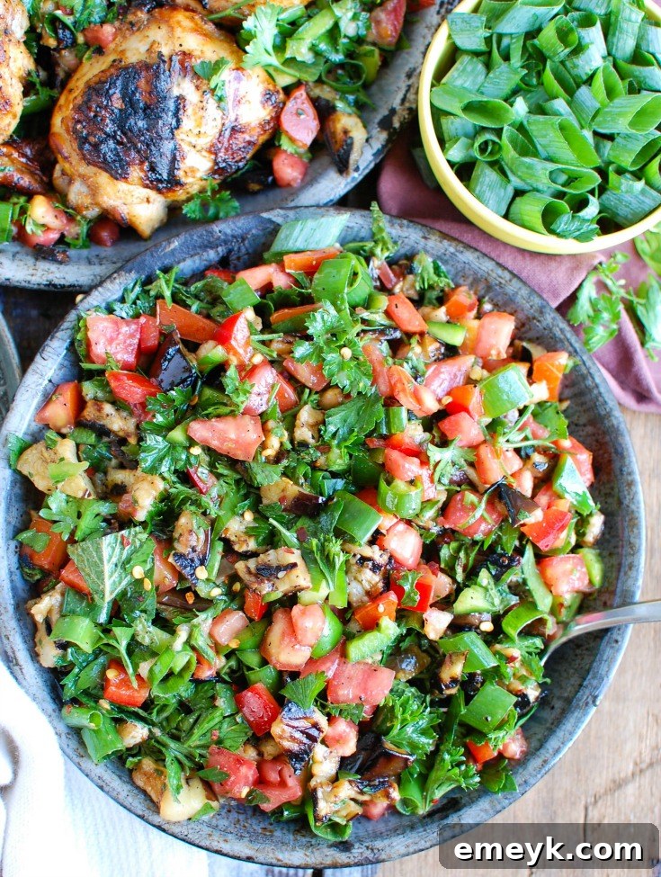 Vibrant Mediterranean Eggplant Salad 4 A large bowl of Mediterranean Eggplant Salad, showcasing the colorful mix of grilled eggplant, tomatoes, bell peppers, and fresh herbs, ready to be dressed.
