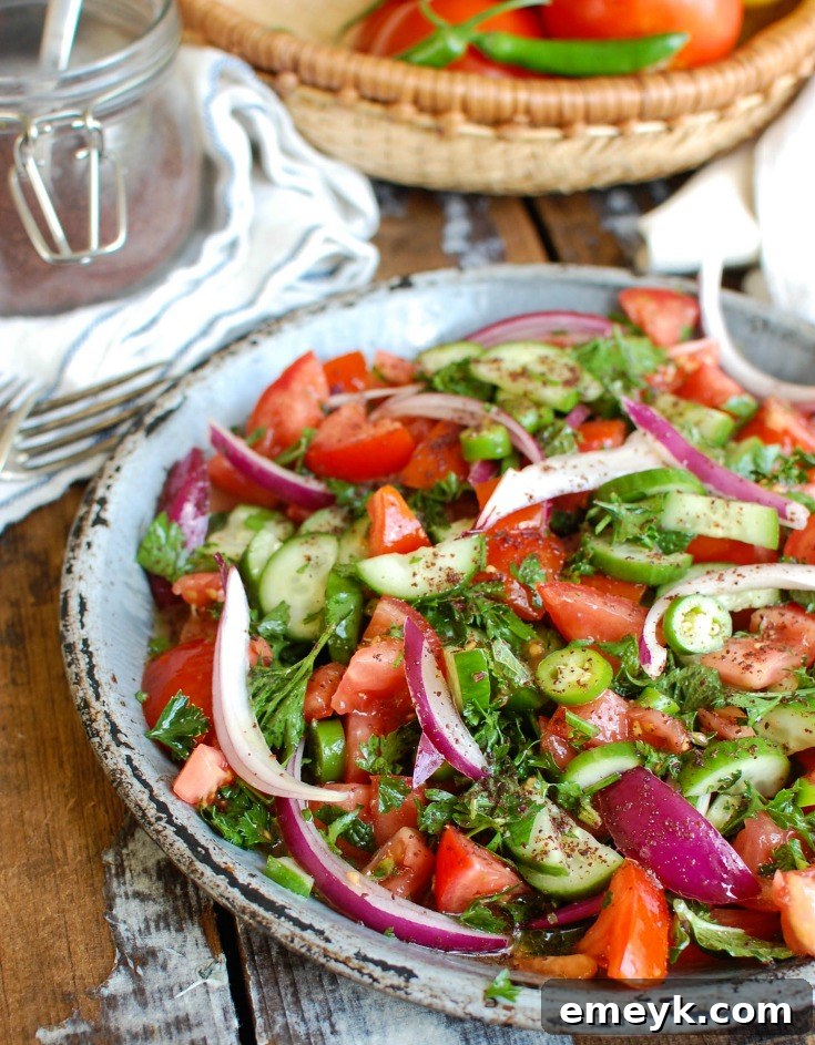 A beautifully presented bowl of Persian Tomato Cucumber Salad, featuring diced red tomatoes, green cucumbers, thin slices of red onion, and fresh green herbs, glistening with a lemon olive oil dressing.