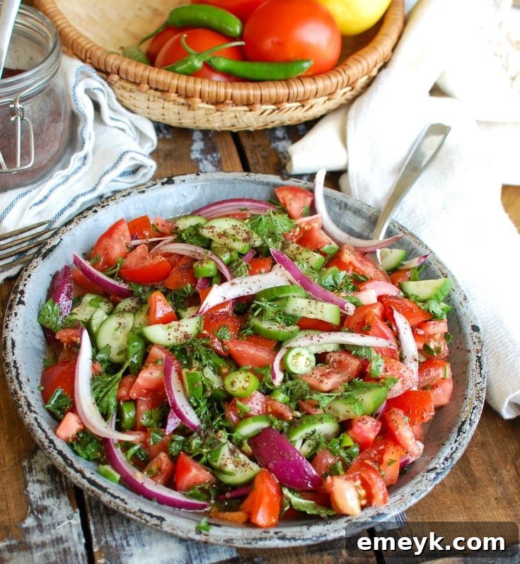 Overhead shot of Persian Tomato Cucumber Salad in a decorative bowl, highlighting the colorful diced vegetables and herbs, ready to be served.