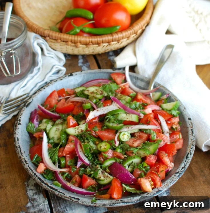 A vibrant close-up of Persian Tomato Cucumber Salad in a blue ceramic bowl, showcasing the finely diced vegetables and herbs.
