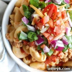 Instant Pot Turkey Taco Pasta in a vibrant photo, ready for serving.