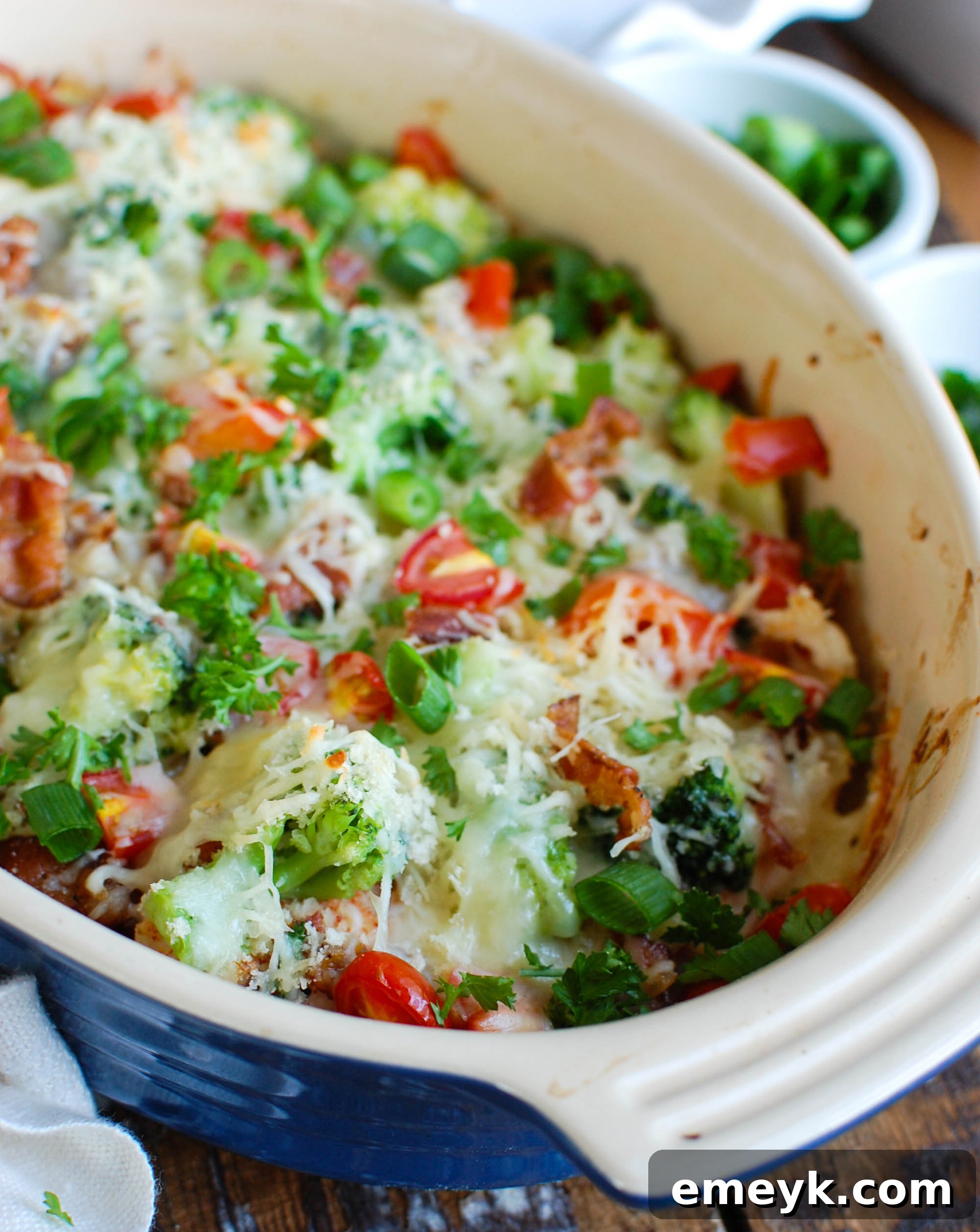 Cheesy Chicken and Broccoli Bake 7 A beautifully plated serving of Baked Broccoli Cheese Chicken, showcasing the rich, melted cheese and crisp panko, garnished with fresh green onion and parsley.