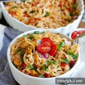 Easy Mexican Noodle Casserole, a delightful combination of noodles, ground turkey, and Mexican flavors, ready for baking.
