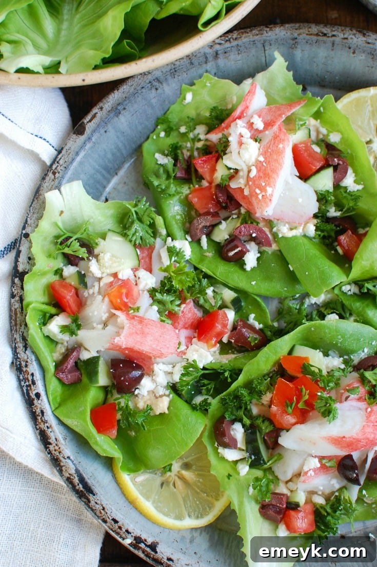 Mediterranean Surimi Lettuce Wraps are an easy, healthy meal mixing Surimi and your favorite Mediterranean flavors in a lettuce wrap. These are a low-carb, no-fuss way to enjoy a meal.
