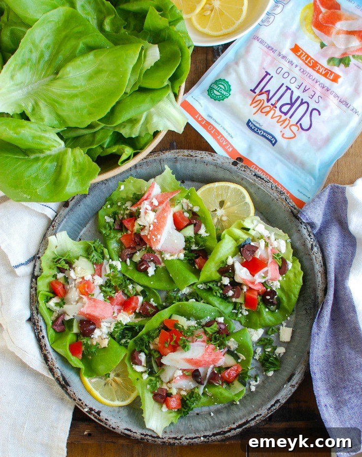 Mediterranean Surimi Lettuce Wraps are an easy, healthy meal mixing Surimi and your favorite Mediterranean flavors in a lettuce wrap. These are a low-carb, no-fuss way to enjoy a meal.