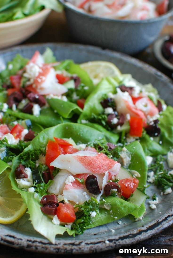 Mediterranean Surimi Lettuce Wraps are an easy, healthy meal mixing Surimi and your favorite Mediterranean flavors in a lettuce wrap. These are a low-carb, no-fuss way to enjoy a meal.